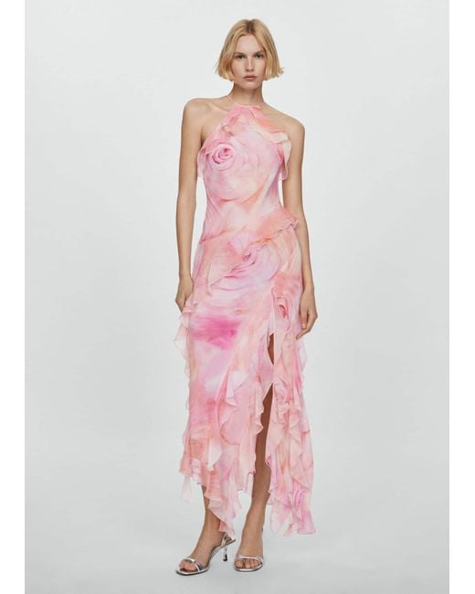 Mango Pink Ruffled Floral Print Dress Pastel