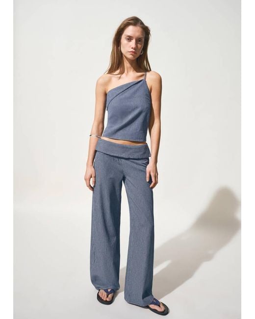 MANGO TEEN Blue Wide Leg Striped Jeans With Rolled-Up Waist