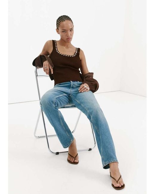 Mango Blue Ribbed Studded Top