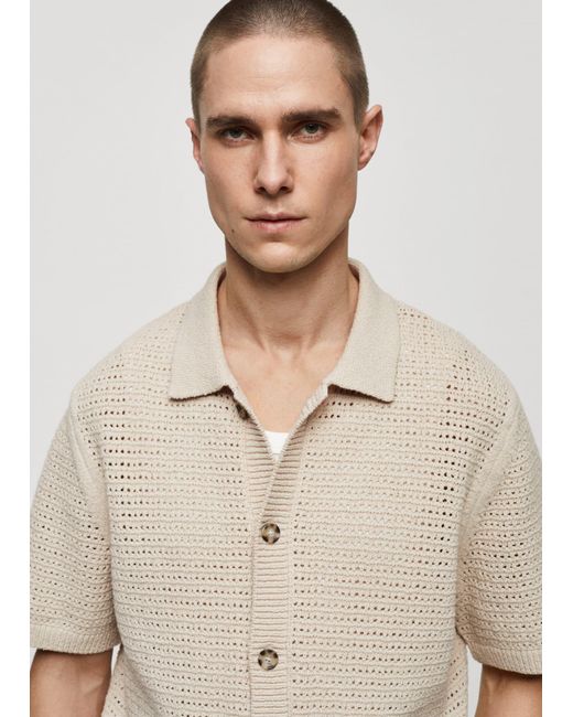Mango White Openwork Knit Polo With Buttons for men