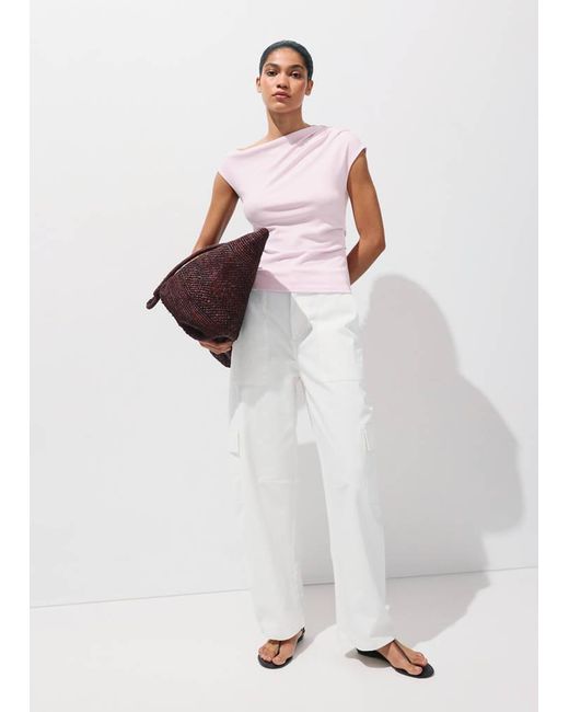 Mango White Asymmetrical Ruched T-Shirt