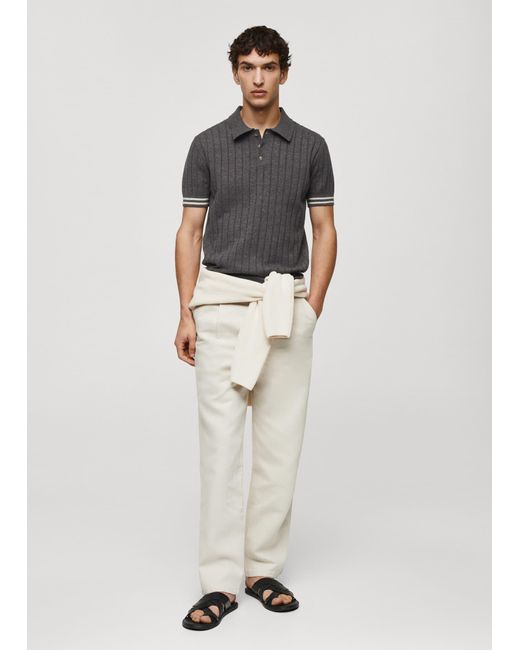 Mango White Ribbed Knit Polo Shirt Dark for men