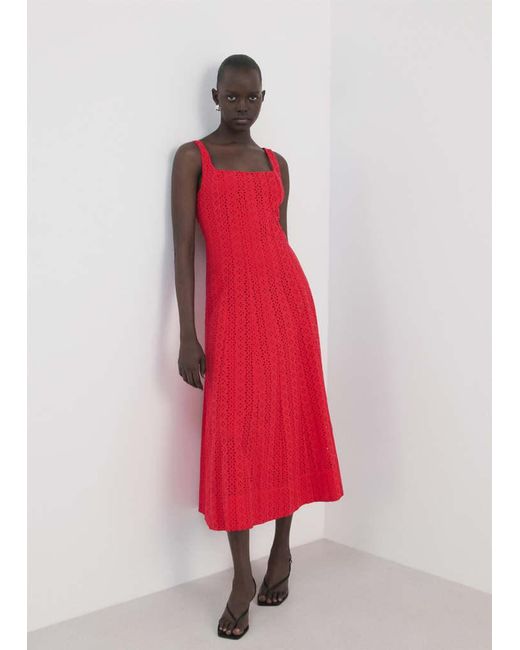 Mango Red A-Line Dress With Broderie Anglaise Embroidery