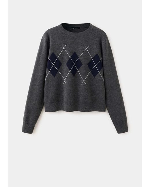 Mango White Argyle Knit Sweater