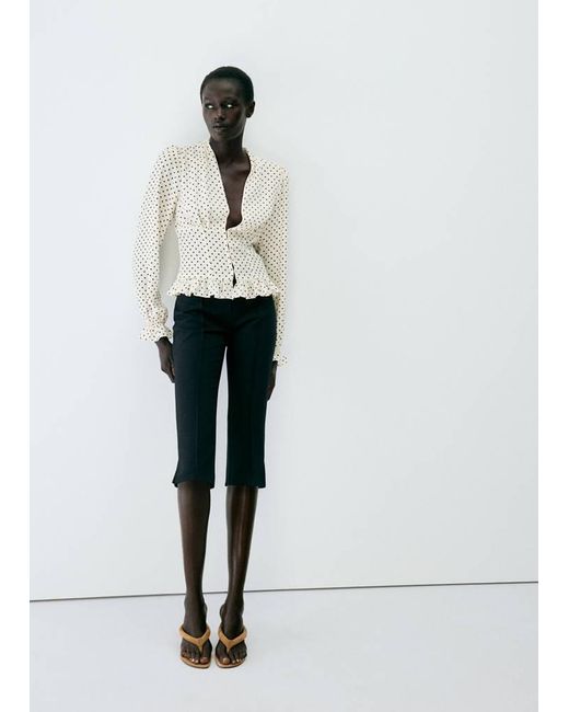 Mango White Polka-Dot V-Neck Blouse