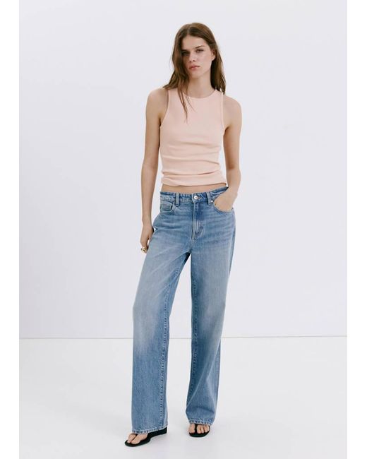 Mango Blue Ribbed Cotton-Blend Top