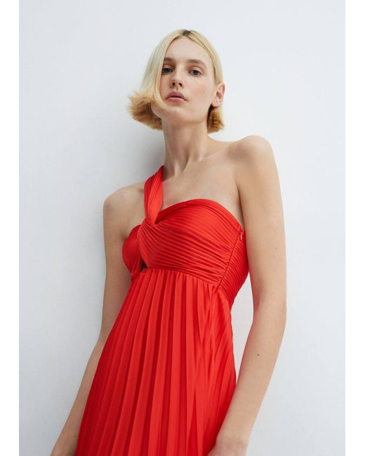 Mango Red Asymmetrical Pleated Dress