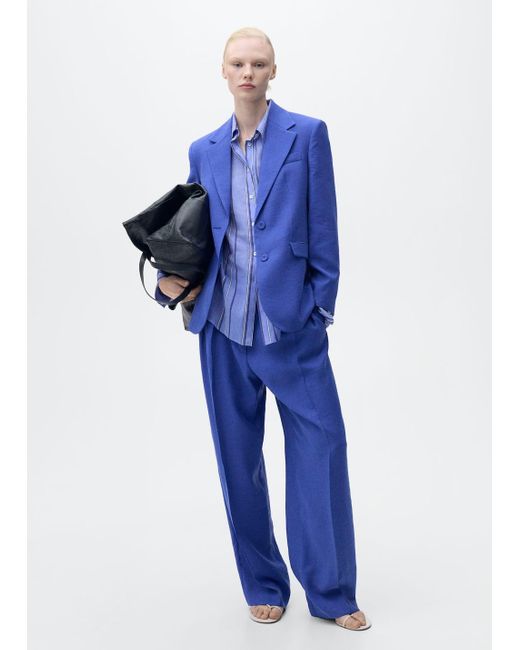 Mango Blue Wide-Leg Pleated Suit Trousers