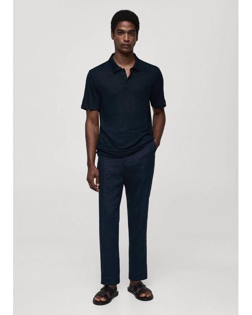 Mango Blue Slim Fit 100% Linen Polo Shirt Dark for men