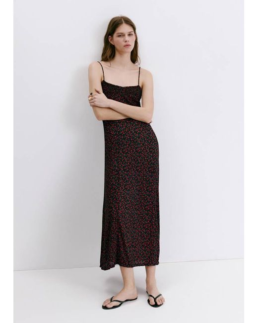 Mango White Floral Midi-Dress With Gathered Neckline