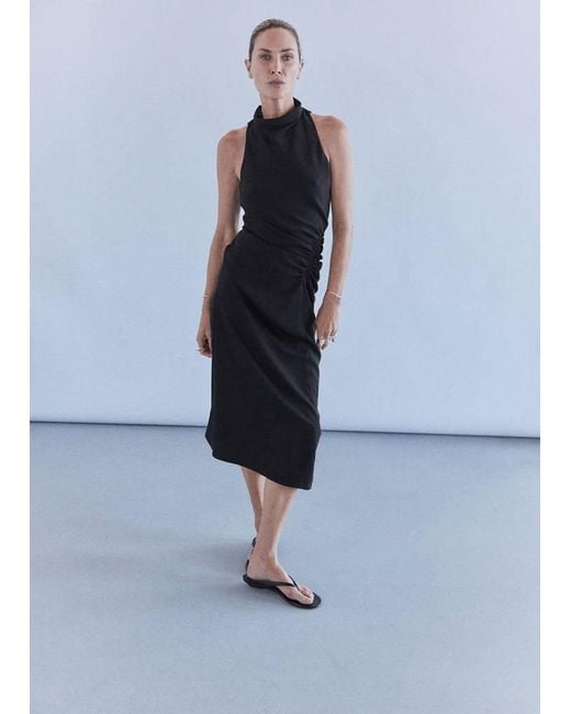 Mango Blue Ruched Dress With Draped Neckline