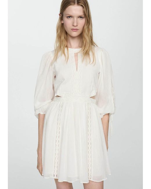 Mango White Slit Dress With Lace Detail Off