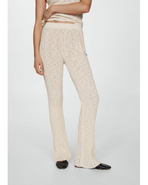 Mango White Flared Ribbed Knitted Trousers Light/pastel