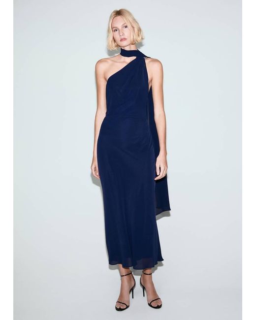 Mango Blue Asymmetrical Dress With Scarf