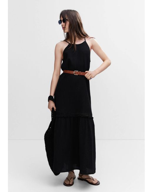 Mango Black Long Dress With Embroidered Detail