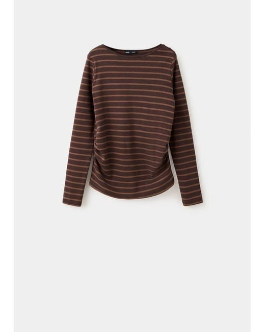 Mango Brown Striped Boat-Neck T-Shirt