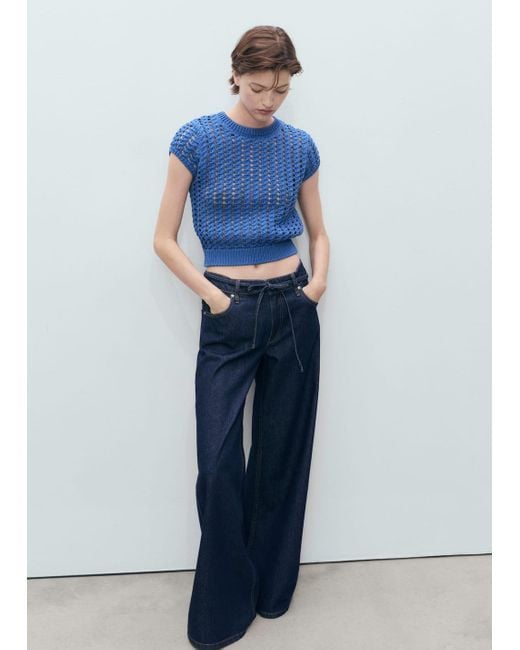 Mango Blue Short-Sleeved Crochet Sweater