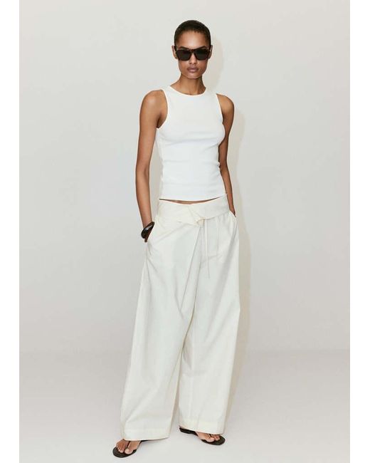 Mango White Ribbed Cotton-Blend Top