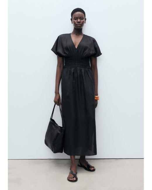 Mango Black Long Linen Dress With Gathered Panel
