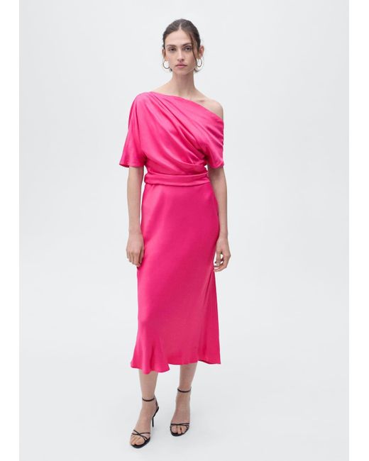 Mango Pink Draped Asymmetrical Midi-Dress