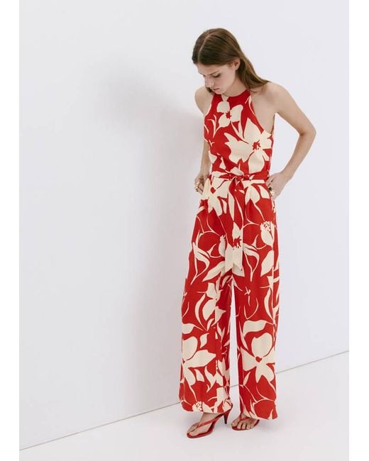 Mango Red Floral Print Jumpsuit With Belt