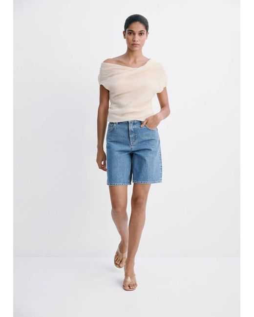 Mango Blue High-Waist Straight-Fit Denim Shorts