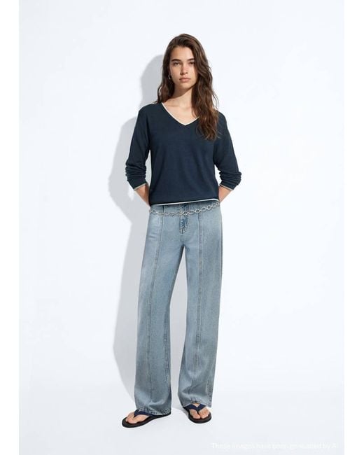 MANGO TEEN Blue V-Neck Jumper With Contrast Trims