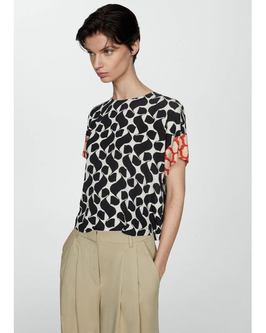 Mango White Printed Blouse With Contrasting Trims