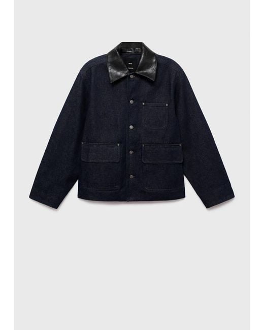 Mango Blue Denim Jacket With Faux-Leather Collar