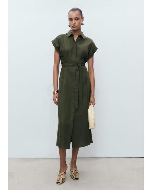 Mango Linen And Lyocell-Blend Shirt Dress With Belt in Green | Lyst UK