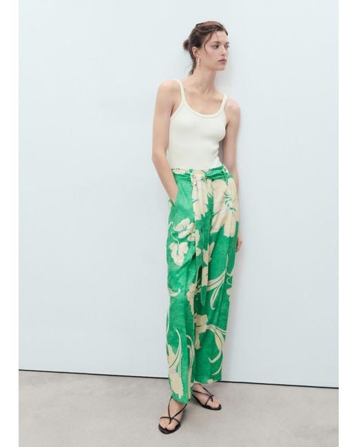 Mango Green Printed Trousers With Belt