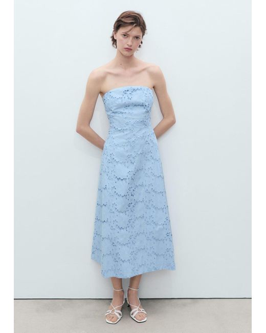 Mango Blue English Embroidered Strapless Dress