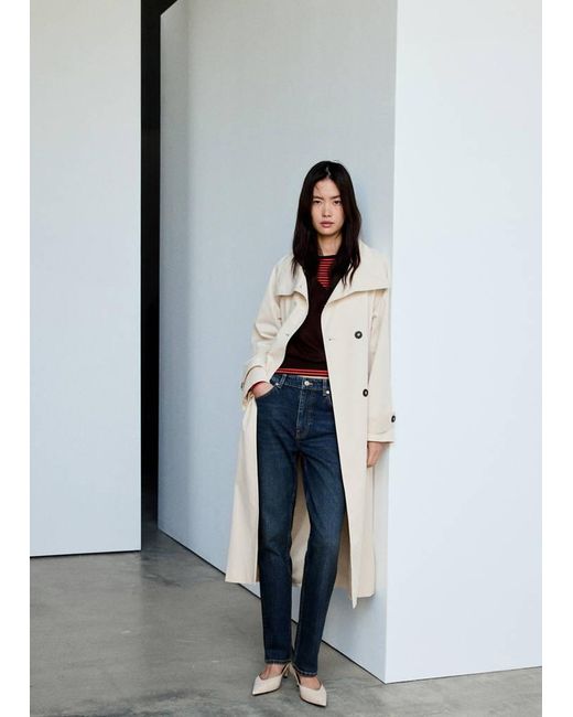 Mango Natural Long Funnel Neck Belted Trench Coat