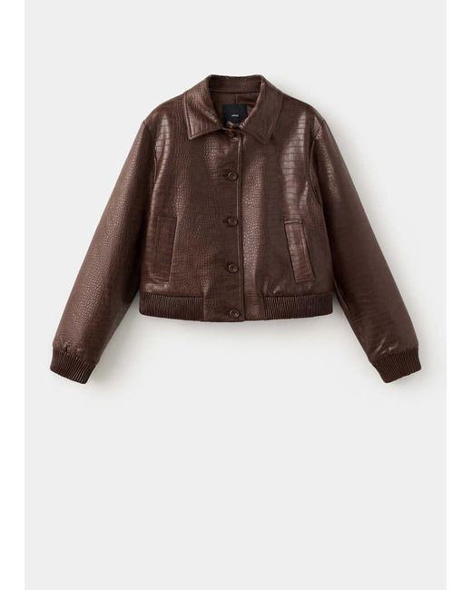 Mango Brown Croc-Effect Bomber Jacket