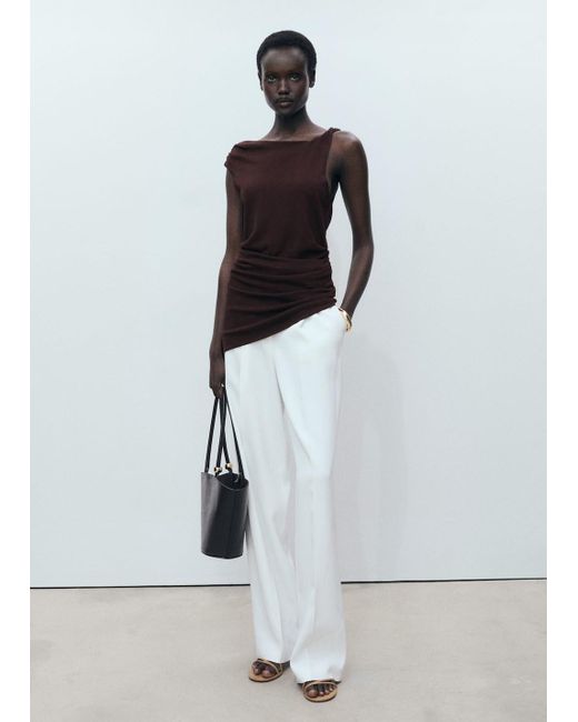 Mango White Asymmetrical Fine-Knit Top Chocolate