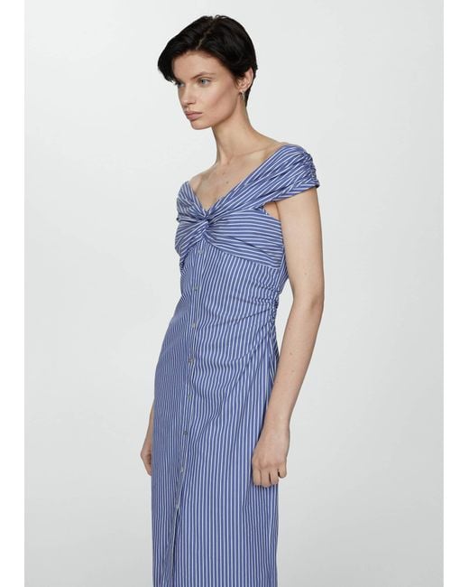 Mango Blue Striped Dress Bare Shoulders Sky