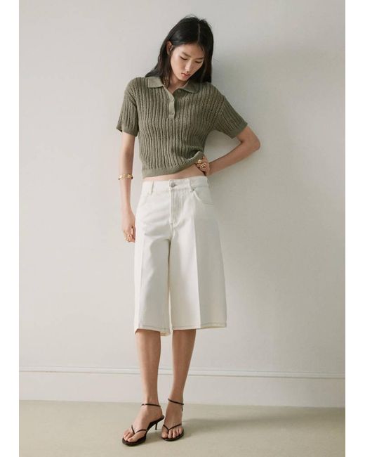 Mango Green Openwork Knitted Polo-Neck Sweater