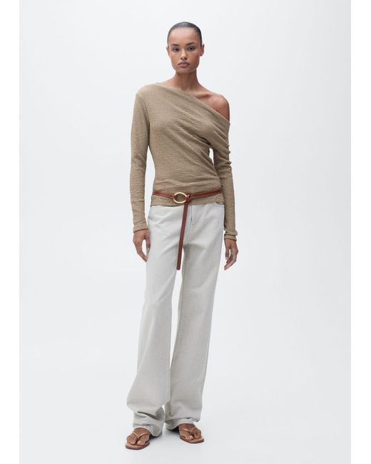 Mango White Textured Asymmetrical Neck T-Shirt