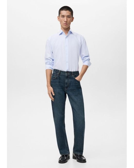Mango Blue 100% Cotton Striped Slim-Fit Shirt for men
