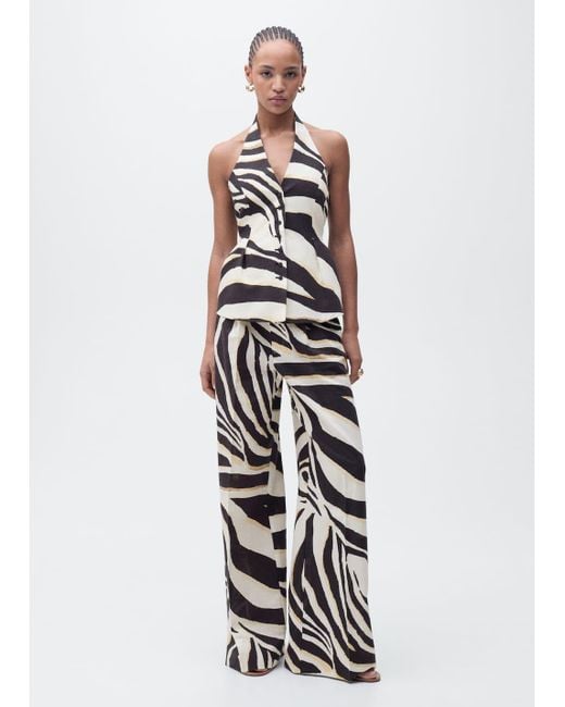 Mango White Linen Zebra-Print Halter Waistcoat