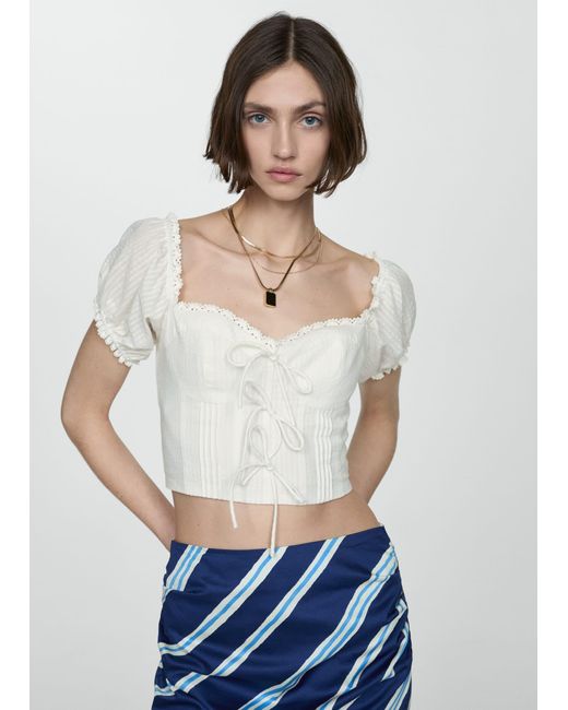 Mango Blue Crop Blouse With Bow Detail Off