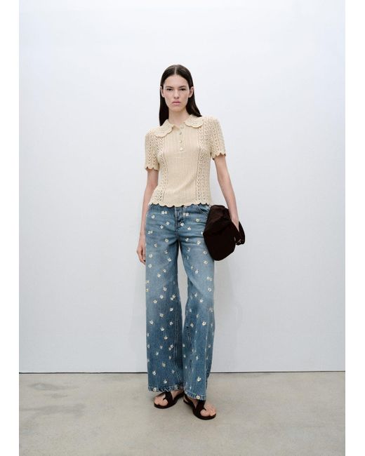 Mango White Flower-Embroidered Wide-Leg Jeans