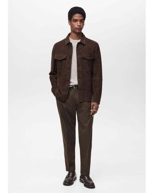 Mango Brown Slim-Fit Pleated Cool Wool Trousers for men