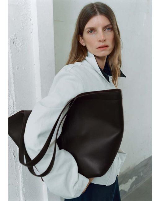 Mango Black Large Leather Shoulder Bag