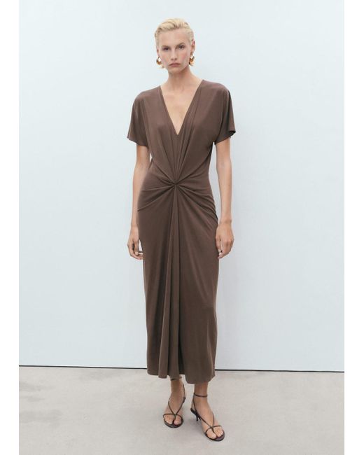 Mango Brown V-Neck Dress With Gathered Neckline