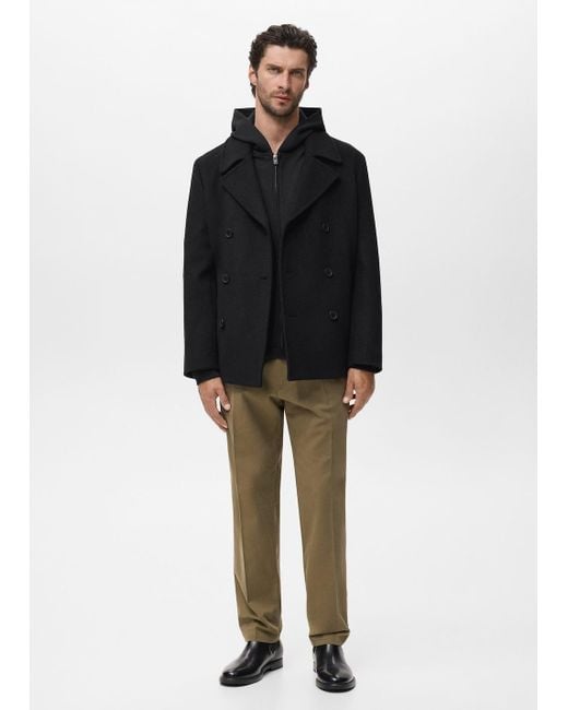 Mango Black Wool Double-Breasted Coat With Buttons for men