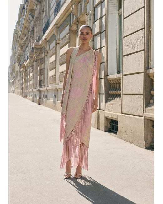 Mango Asymmetrical Dress With Embroidered Fringes in Natural