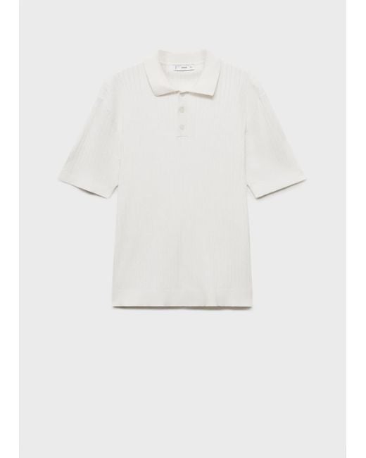 Mango White Fine-Knit Ribbed Cotton Polo Shirt for men