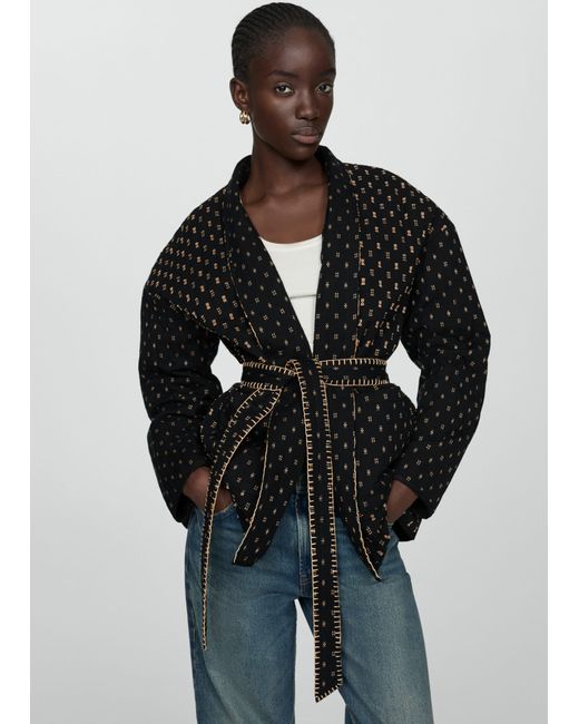 Mango Black Quilted Jacket With Embroidered Details Dark