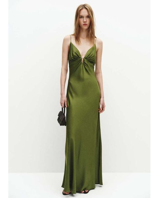 Mango Green Satin Dress With Gathered V-Neckline